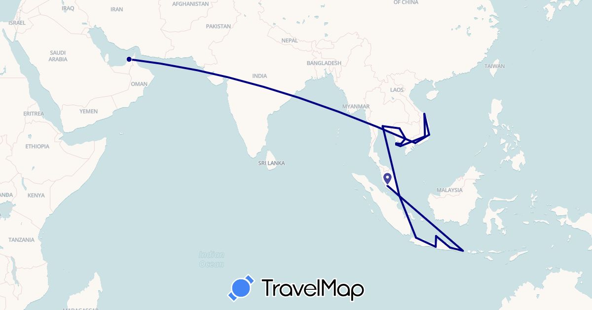 TravelMap itinerary: driving in United Arab Emirates, Indonesia, Cambodia, Malaysia, Singapore, Thailand, Vietnam (Asia)